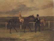 Mr J B Morris Leading his Racehorse 'Hungerford' with Jockey up and a Groom On a Racetrack
